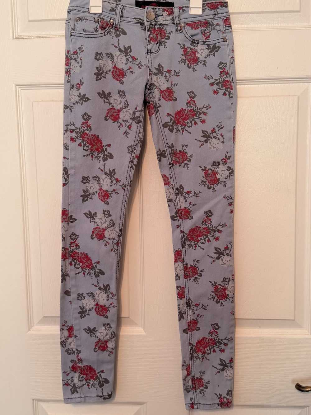 Almost Famous Light Blue Skinny Denim Jeans with Red Rose Print